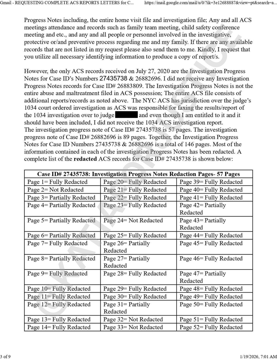 KatiaForJustice's tweet photo. I didn't lose faith in CPS overnight. I lost it after watching what happened when I asked them to protect my son.

Like many parents, I believed CPS, known as ACS in New York City, existed to protect children. I had never been the subject of a CPS investigation until December 20, 2017, after being targeted by the New York City Department of Education. @NYCSchools 

What happened next changed how I viewed the entire system.

In my July 3, 2026, post, I explained why I believe the NYC Department of Education used an "IMMINENT DANGER” narrative on December 21, 2017, as a legal strategy. At the time, I didn't understand the significance of those words or the pattern that unfolded. @ACSNYC 

I emailed an ACS case worker explaining that my son had been bullied in school. I reported what I believed was special education fraud by the NYC Department of Education. I explained that I had been given educational records leading me to believe my son's special education case had been closed. I even submitted a psychiatrist's letter confirming the bullying and asked that the school investigated. 

I expected those documents to help protect my son. Instead, I encountered an agency that altered its own paperwork, investigations, and procedures to create the appearance that I had a prior CPS history.

Within 24 hours of my first child abuse and neglect allegation on December 21, 2017, there were two additional allegations with two different Case ID numbers. Case ID# 26882696 is the initial investigation case# from December 20, 2017.

I didn't redact them because I have nothing to hide. Names have been redacted. Please see the documentary evidence below. What you WILL see is how CPS, referred to as ACS in New York City, redacted 53 out of 57 pages of their investigation progress case management notes after my request for their records. @ACSNYC 

Imagine a child protection agency REFUSING to protect a child but financially benefited from said child.

Who benefited from making me look like a repeat child abuse offender?

You just have to follow the money.

@CommonCause @OCCRP @IJ @Theintercept @POGOwatchdog @Propublica @Movfamilypower @ReadRiseMag @Upendmovement @HumanEvents
@approject @ABC @NBCNews @TheAtlantic @ABC7NY @fox5ny @NEWSMAX @Reveal @WeSpoke
@Familypolicynyc