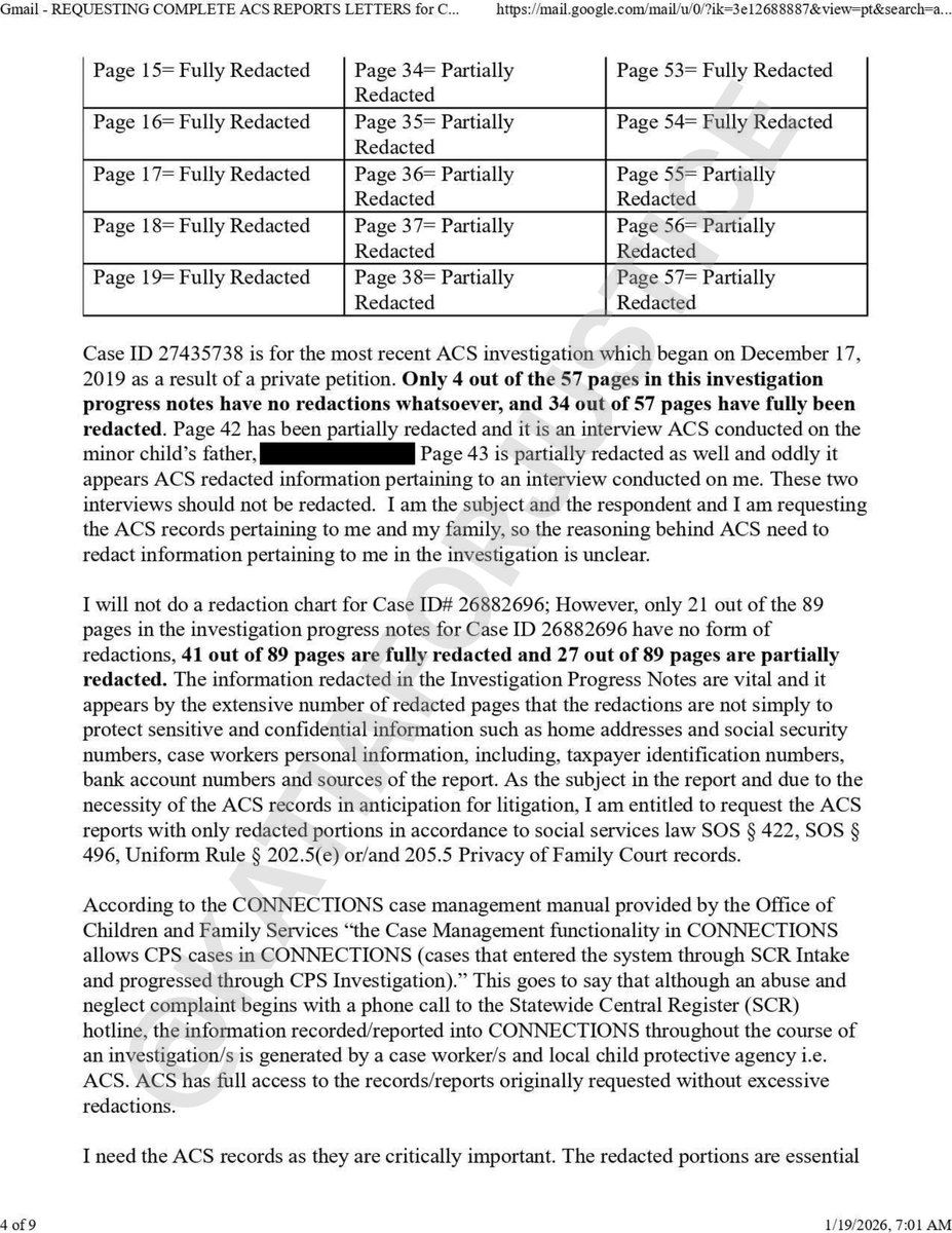 KatiaForJustice's tweet photo. I didn't lose faith in CPS overnight. I lost it after watching what happened when I asked them to protect my son.

Like many parents, I believed CPS, known as ACS in New York City, existed to protect children. I had never been the subject of a CPS investigation until December 20, 2017, after being targeted by the New York City Department of Education. @NYCSchools 

What happened next changed how I viewed the entire system.

In my July 3, 2026, post, I explained why I believe the NYC Department of Education used an "IMMINENT DANGER” narrative on December 21, 2017, as a legal strategy. At the time, I didn't understand the significance of those words or the pattern that unfolded. @ACSNYC 

I emailed an ACS case worker explaining that my son had been bullied in school. I reported what I believed was special education fraud by the NYC Department of Education. I explained that I had been given educational records leading me to believe my son's special education case had been closed. I even submitted a psychiatrist's letter confirming the bullying and asked that the school investigated. 

I expected those documents to help protect my son. Instead, I encountered an agency that altered its own paperwork, investigations, and procedures to create the appearance that I had a prior CPS history.

Within 24 hours of my first child abuse and neglect allegation on December 21, 2017, there were two additional allegations with two different Case ID numbers. Case ID# 26882696 is the initial investigation case# from December 20, 2017.

I didn't redact them because I have nothing to hide. Names have been redacted. Please see the documentary evidence below. What you WILL see is how CPS, referred to as ACS in New York City, redacted 53 out of 57 pages of their investigation progress case management notes after my request for their records. @ACSNYC 

Imagine a child protection agency REFUSING to protect a child but financially benefited from said child.

Who benefited from making me look like a repeat child abuse offender?

You just have to follow the money.

@CommonCause @OCCRP @IJ @Theintercept @POGOwatchdog @Propublica @Movfamilypower @ReadRiseMag @Upendmovement @HumanEvents
@approject @ABC @NBCNews @TheAtlantic @ABC7NY @fox5ny @NEWSMAX @Reveal @WeSpoke
@Familypolicynyc