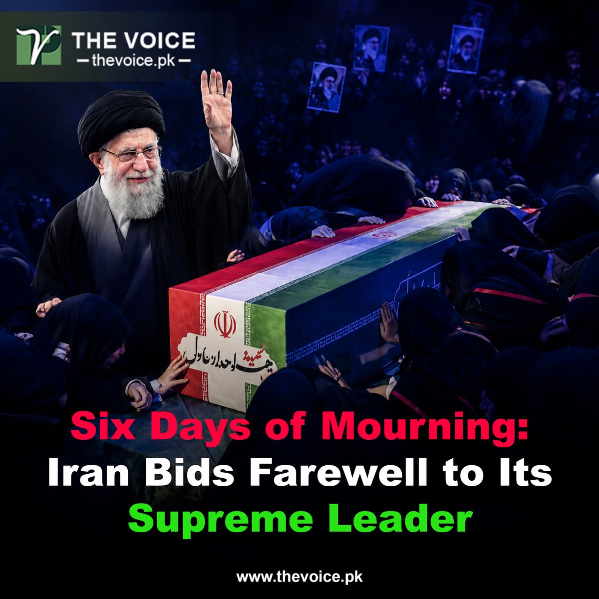 thevoicepak's tweet photo. Iran buries Ayatollah Khamenei, killed in a US-Israeli strike. Millions mourn; world leaders attend. #Khamenei #Iran #BreakingNews
https://t.co/uohbrpYdPZ https://t.co/koWduT7h5q