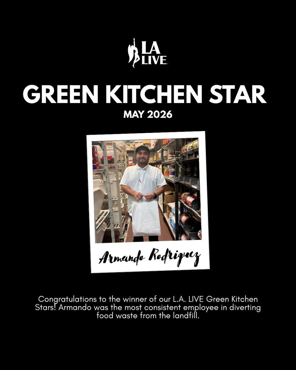 LALIVE's tweet photo. Congratulations, Armando and Rosa!⭐⭐⁣⁣⁣⁣⁣⁣⁣⁣
⁣⁣⁣⁣⁣⁣⁣⁣
On behalf of the L.A. LIVE team, we recognize Armando Rodriguez and Rosa Moreno as the May 2026 L.A. LIVE GREEN KITCHEN STAR! Thank you for all you do and your hard work in our sustainability efforts.💚 https://t.co/ld51NeCUvJ