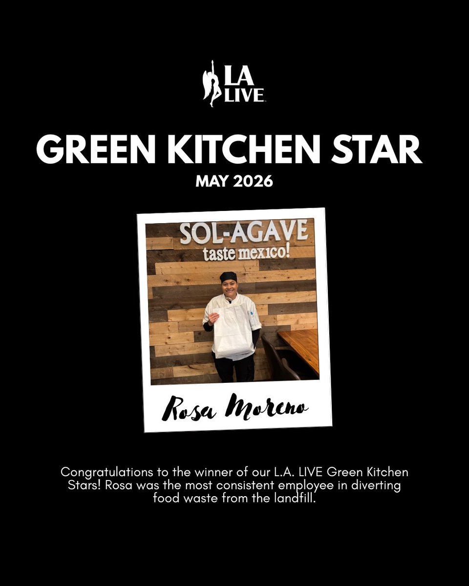 LALIVE's tweet photo. Congratulations, Armando and Rosa!⭐⭐⁣⁣⁣⁣⁣⁣⁣⁣
⁣⁣⁣⁣⁣⁣⁣⁣
On behalf of the L.A. LIVE team, we recognize Armando Rodriguez and Rosa Moreno as the May 2026 L.A. LIVE GREEN KITCHEN STAR! Thank you for all you do and your hard work in our sustainability efforts.💚 https://t.co/ld51NeCUvJ