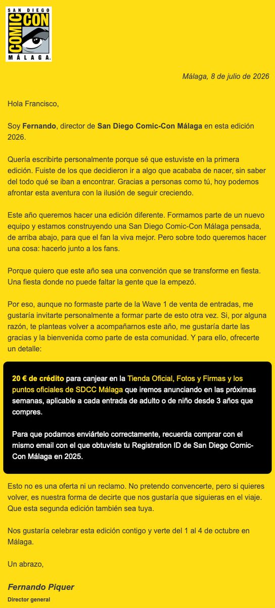 fcarrizo's tweet photo. Que poca vergüenza ha tenido @FernandoPiquer de enviar este correo a los que fuimos a la #SDCCMalaga del 2025 y decidimos pasar olímpicamente de volver al evento. Aquí el susodicho correo y mi respuesta. https://t.co/DwxnUgYoaE