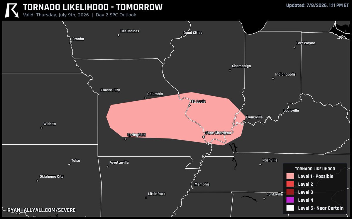ryanhallyall's tweet photo. If you're anywhere around Evansville, IN, Cape Girardeau, MO, or Paducah, KY tomorrow, you're sitting in the zone with the best shot at a tornado in the country.

It's a Level 1 risk, so a low-end chance, but that's where the odds run highest. https://t.co/6TFSQ73eg2