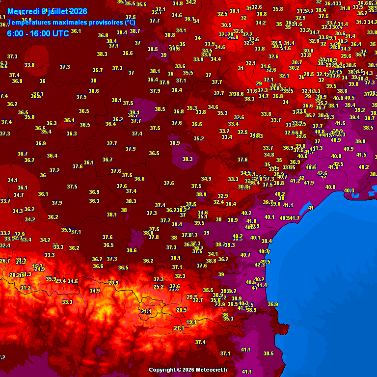 meteociel's tweet photo. Ce mercredi 8 juillet 2026 plusieurs #records absolus et mensuels ont été battus près de la Méditerranée.
🔸7 records absolus 
🔸38 records mensuels 
40.5°C à Marignane (13) soit pour la première fois les 40°C ont été atteints à ce station ouverte depuis 1921
41°C à Sète (34) battant son record absolu de juin 2019
42.3°C à Fitou (11) battant son record absolu de juillet 2003
41.4°C à Canet-en-Roussillon (66) battant son record absolu de juillet 2025 #Canicule