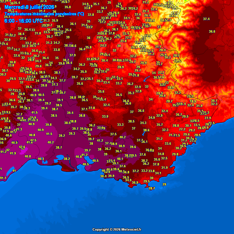 meteociel's tweet photo. Ce mercredi 8 juillet 2026 plusieurs #records absolus et mensuels ont été battus près de la Méditerranée.
🔸7 records absolus 
🔸38 records mensuels 
40.5°C à Marignane (13) soit pour la première fois les 40°C ont été atteints à ce station ouverte depuis 1921
41°C à Sète (34) battant son record absolu de juin 2019
42.3°C à Fitou (11) battant son record absolu de juillet 2003
41.4°C à Canet-en-Roussillon (66) battant son record absolu de juillet 2025 #Canicule
