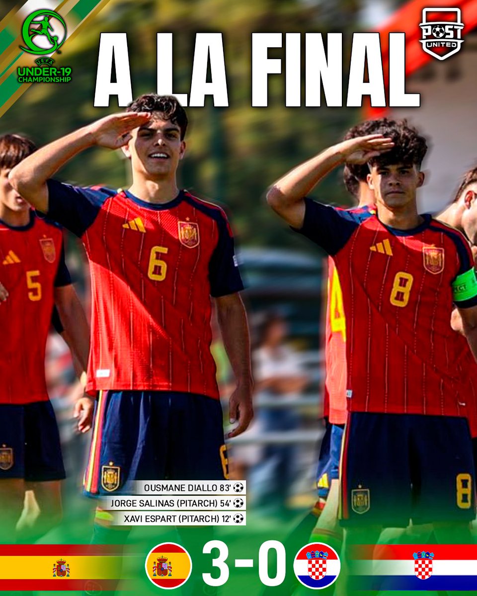 postunited's tweet photo. 🚨🇪🇸 ¡LA SELECCIÓN ESPAÑOLA SUB-19 SE PLANTA EN LA FINAL DEL EUROPEO!

⚔️ La Roja se enfrentará en la final a Alemania o Ucrania https://t.co/ZcqkH1JKZw
