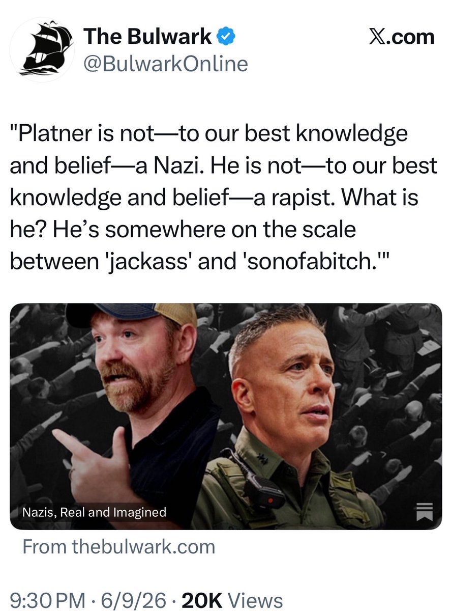 DrewHolden360's tweet photo. The Bulwark’s defense of Platner is already aging like milk left in the sun. https://t.co/X5XBRzNbV6