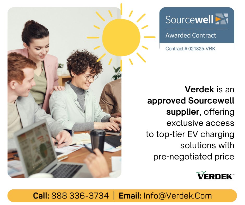 VerdekGreenTech's tweet photo. Stop the RFP. Start Charging. 

With Verdek's Sourcewell-awarded contract, municipalities, schools, universities, and fleets can procure EV charging solutions faster with pre-negotiated pricing.

Available from ABB, ChargePoint, StarCharge &amp; more.

#Verdek #Sourcewell #EVCharging https://t.co/zoKmu2DGuB