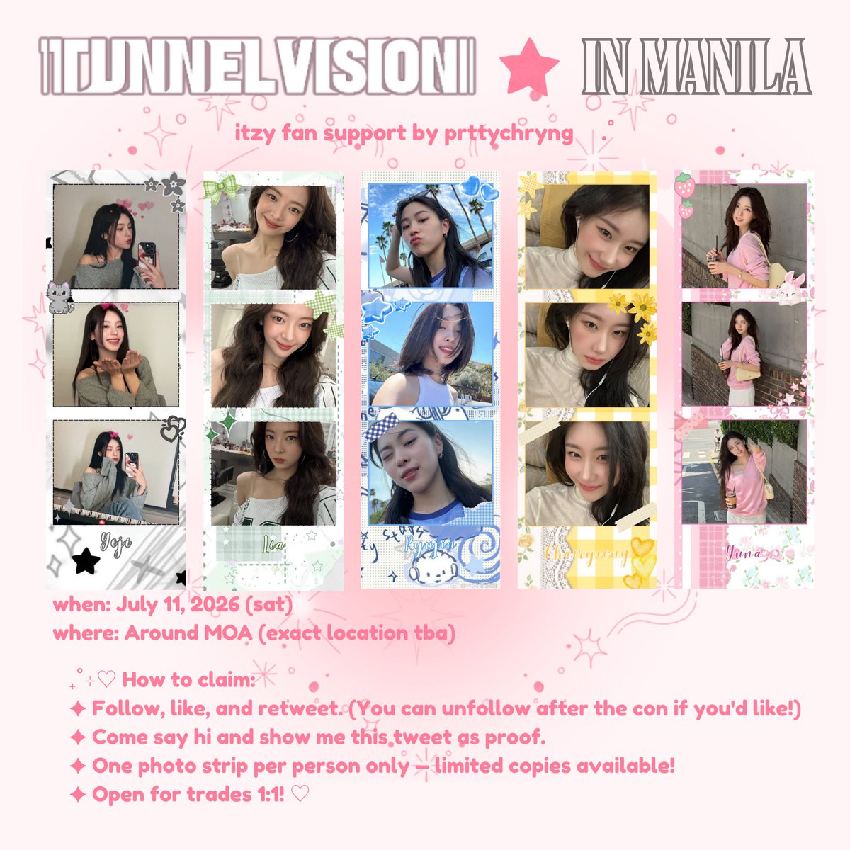 prttychryng's tweet photo. ITZY TUNNEL VISION IN MANILA
Fan support by @prttychryng

ITZY Photo strip 𐙚⋆.˚

────୨ৎ────
 𝜗ৎ like, rt &amp; mbf
 𝜗ৎ strictly 1:1 (random member will be given)
 𝜗ৎ can do on-site trades (prio)
 𝜗ৎ time and place: tba
 𝜗ৎ must show proof to claim https://t.co/vCsQEnqmUh