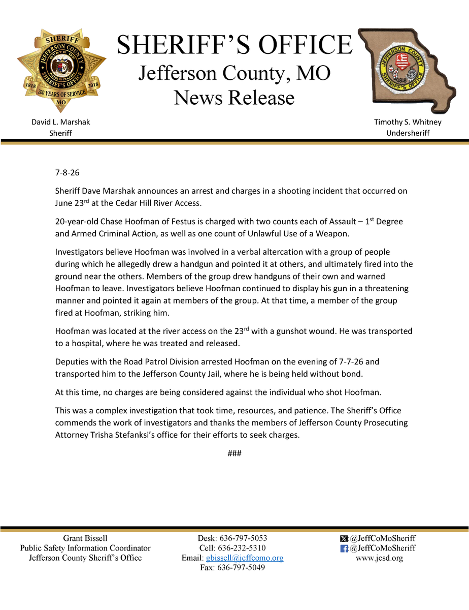 JeffCoMoSheriff's tweet photo. 🚨🚨River Access Shooting Arrest & Charges🚨🚨
Sheriff Dave Marshak announces the arrest of and charges against 20-year-old Chase Hoofman of Festus. Despite being shot himself, investigators believe Hoofman is the suspect in a shooting incident at the Cedar Hill River Access on June 23rd.
Excellent work by investigators to sort this case out. And thanks to Prosecuting Attorney Trisha Stefanski's @JeffcoMoPA for their work to seek charges.
Please see the news release for more information.