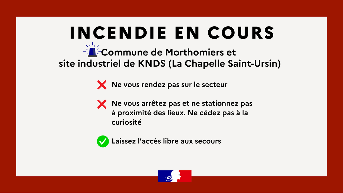 Prefet18's tweet photo. #Incendie | Incendie en cours sur la commune de Morthomiers qui a atteint le site industriel KNDS (La Chapelle Saint-Ursin).
Le site KNDS, classé SEVESO seuil haut, présente un risque d’explosion et d’incendie.
Les habitants de la commune de Morthomiers ont été appelés à se confiner.
Ne vous rendez pas sur les lieux.
Tous les accès au site sont interdit à la circulation.
Le centre opérationnel départemental est activé. La situation est suivie de près.
Le préfet du Cher a mobilisé tous les moyens pour lutter contre cet incendie.