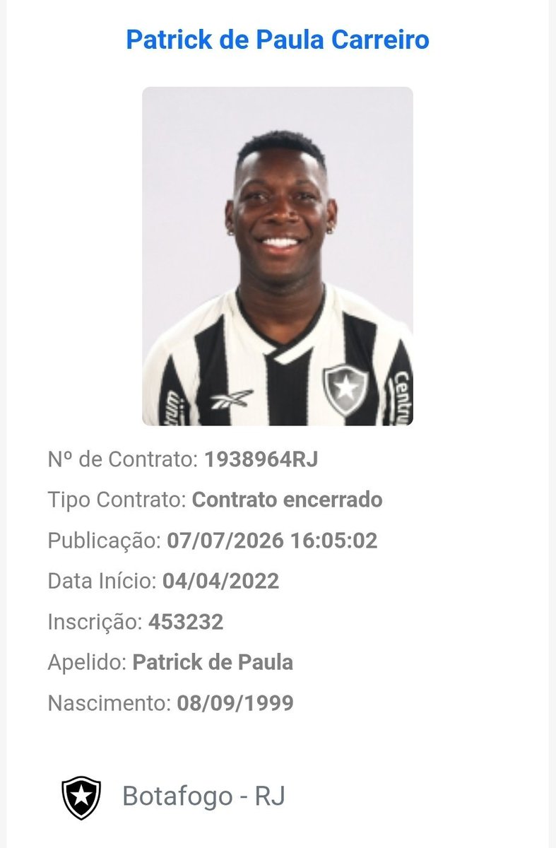 twitpalmeiras's tweet photo. O volante Patrick de Paula não é mais jogador do Botafogo. Após voltar de empréstimo do Remo, o jogador de 26 anos foi liberado pelo clube carioca e está livre no mercado. https://t.co/dYyJw9u9Oo