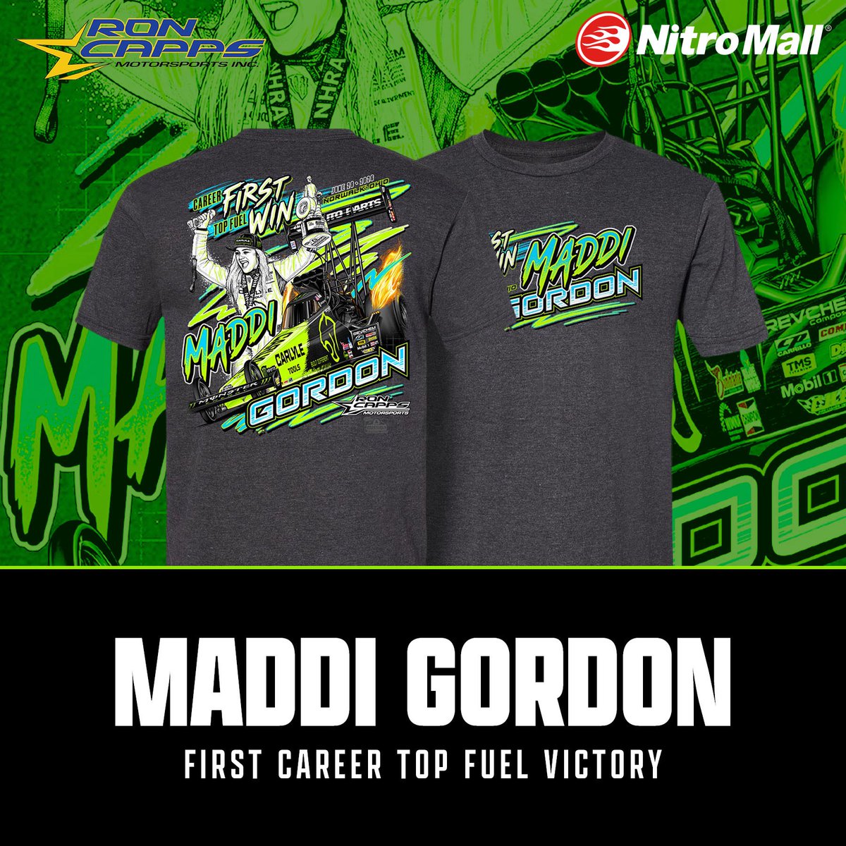 MaddiGordon_TF's tweet photo. You asked… here it is! 🤙

My first career Top Fuel win shirt is officially available for purchase! Grab yours online at the #NHRA NitroMall.

🔗: https://t.co/GElBBjyvmh

@TeamRonCapps | @CarlyleTools | @NHRA https://t.co/SImbkcIVfd