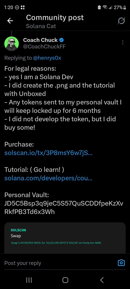SmartWallet2026's tweet photo. Choose the right $SOLCAT guys! 
This is the real CA:

84Y6h6XoaLAD1zxoQ2CDhcZYRpNsSBKsXULCnpjXpump

This is where the real OG Solana dev, @CoachChuckFF has been holding for 10 months! 💯 🔥 

Check out the screenshots, DYOR and study the lore for yourself! https://t.co/8m3e3QelLj