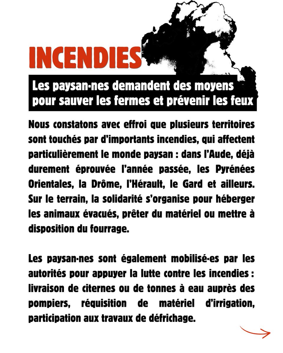 ConfPaysanne's tweet photo. 🚨 Incendies : les paysan·nes demandent des moyens pour sauver les fermes et prévenir les feux

Nous constatons avec effroi que plusieurs territoires sont touchés par d’importants incendies, qui affectent particulièrement le monde paysan. 

Retrouvez notre communiqué de presse ⤵️ https://t.co/E4lc42O8fX