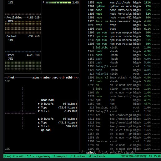 0xbigdream's tweet photo. Found tmux today through @dailydotdev and I'm glad I did. 😄

Now I can keep my backend, frontend, mempool, RPC gateway, cranker daemon and logs running in one persistent terminal session.

Small discovery. Big productivity boost. 

https://t.co/3qlZqZGPNS https://t.co/OwV0XkayVH