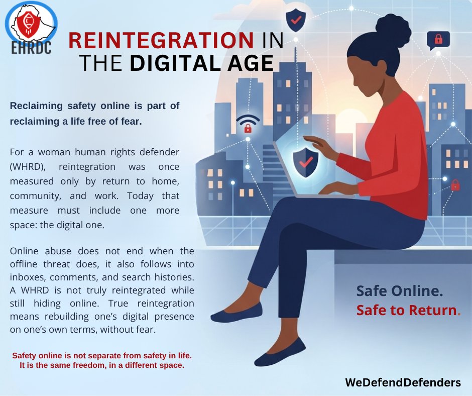 CenterEHRD's tweet photo. Reintegration for a WHRD doesn't end with returning home, reconnecting with the community, or resuming work. In today's digital age, it must also mean safety online, free from tracking, harassment, & exposure.
#WHRDs
#DigitalSafety
#SurvivorLed
#WeDefendDefenders https://t.co/Q2jv6g0Jwe