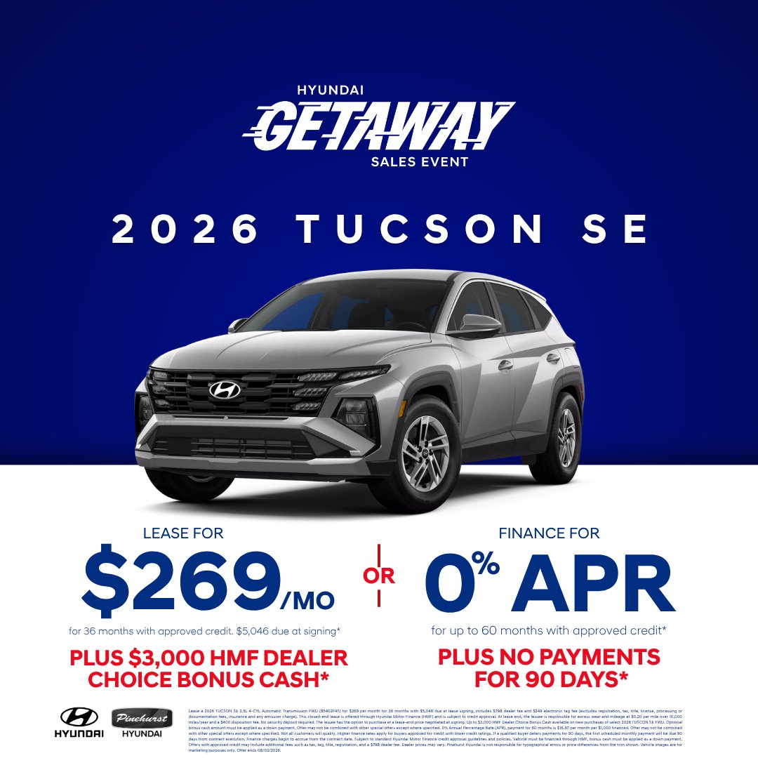 PineHyundai's tweet photo. The holiday weekend may be over, but the savings continue at Pinehurst Hyundai. 🇺🇸 Shop our lineup of award-winning Hyundai vehicles today!

https://t.co/B9XCBn4lGv

#PinehurstHyundai #Pinehurst #Hyundai #SouthernPines #HyundaiTucson #Tucson #TucsonOffer #HyundaiGetawaySalesEvent https://t.co/5NkKrdlpRE