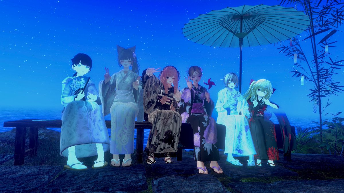 hanamomo37's tweet photo. おはよう(  ¯꒳​¯ )ᐝ
昨夜はいつもの者たちと浴衣で写真🎋
ワールドの光効果で私青白い＆白飛び…💡𓈒𓂂𓏸
#VRChat https://t.co/a3ZZ5TAXLU