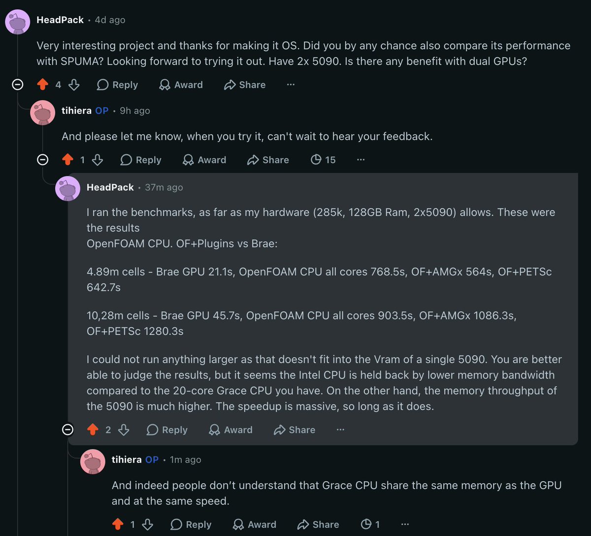 simdcompute's tweet photo. Independent benchmark (not ours): a user ran brae on a single RTX 5090.

- 4.89M cells: 21s vs OpenFOAM 768s CPU / 564s AMGX / 643s PETSc. ~30x.

- It beats even GPU-accelerated OpenFOAM, because AMGX/PETSc only offload the solver while brae runs it all on-GPU. https://t.co/6t7RYrNSjT