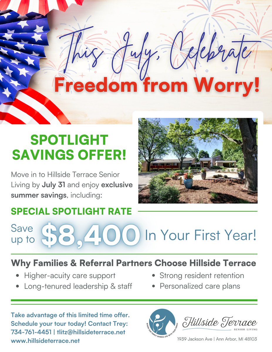 HillsideCareHme's tweet photo. ⏰ Don't miss our Summer Spotlight Savings! Move into Hillside Terrace by July 31 &amp; save up to $8,400 in your first year. Enjoy personalized care, experienced staff, and a true community feel. 📞 Contact Trey: 734-761-4451 #SeniorLiving #AssistedLiving #AnnArbor #SeniorCare https://t.co/Am2DPmVLVe