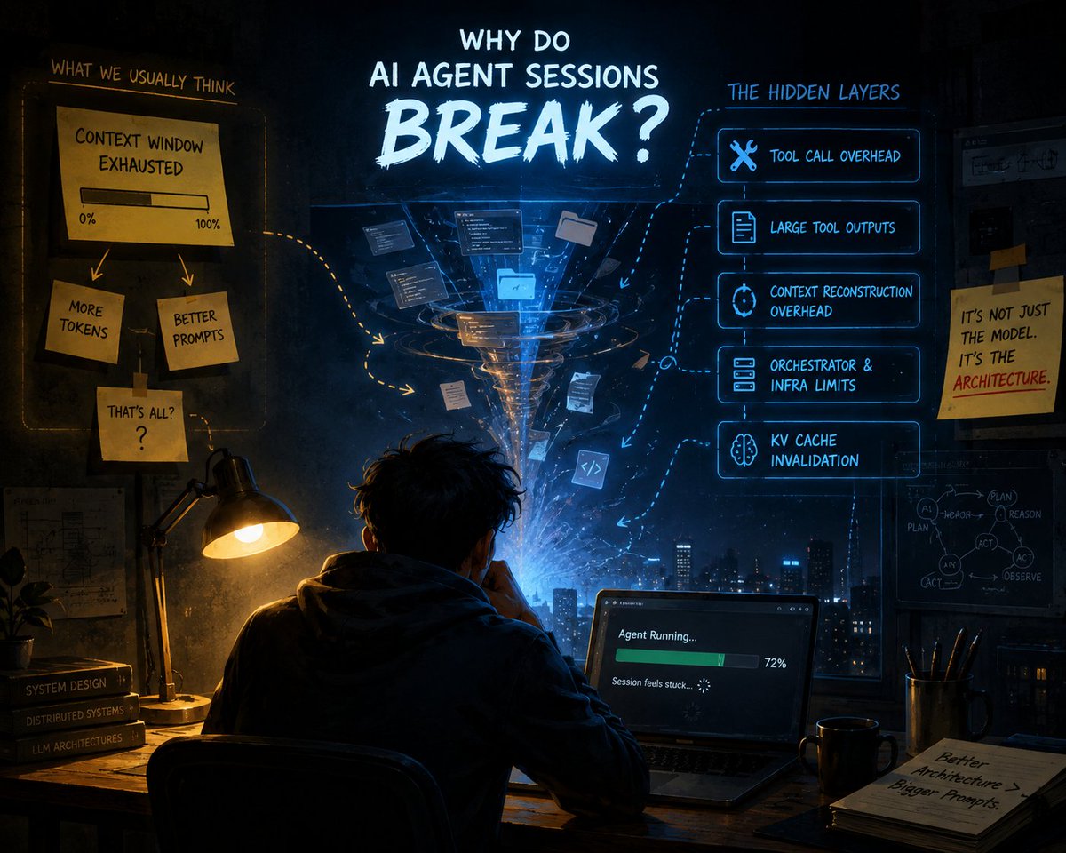 iam_quasim's tweet photo. 💭 Something interesting happened while I was building a long-running AI agent workflow today.

Like most people, I always assumed that if an AI agent starts slowing down or behaving strangely, it's probably because the context window is getting full.

Turns out, it's not that simple.

🕳️ My workflow started freezing even though the context utilization was only around 𝟕𝟎–𝟖𝟎%. That sent me down a rabbit hole to understand what was actually happening under the hood.

The more I read, the more I realized that context size is just one piece of the puzzle. Long-running agent sessions can also be affected by:

⚙️ 𝐓𝐨𝐨𝐥-𝐜𝐚𝐥𝐥 𝐨𝐯𝐞𝐫𝐡𝐞𝐚𝐝 – Every tool invocation introduces another request-response cycle, and dozens of chained calls can add noticeable latency.

📦 𝐋𝐚𝐫𝐠𝐞 𝐢𝐧𝐭𝐞𝐫𝐦𝐞𝐝𝐢𝐚𝐭𝐞 𝐭𝐨𝐨𝐥 𝐨𝐮𝐭𝐩𝐮𝐭𝐬 – Reading many files, search results, or diffs can flood the agent with information long before the context window is full.

🧠 𝐂𝐨𝐧𝐭𝐞𝐱𝐭 𝐫𝐞𝐜𝐨𝐧𝐬𝐭𝐫𝐮𝐜𝐭𝐢𝐨𝐧 – After each tool call, the model often has to rebuild conversational state, which becomes increasingly expensive as the session grows.

🔄 𝐀𝐠𝐞𝐧𝐭 𝐨𝐫𝐜𝐡𝐞𝐬𝐭𝐫𝐚𝐭𝐢𝐨𝐧 𝐥𝐢𝐦𝐢𝐭𝐚𝐭𝐢𝐨𝐧𝐬 – Timeouts, retries, scheduling, and orchestration logic can become bottlenecks in complex workflows.

⚡ 𝐊𝐕 𝐜𝐚𝐜𝐡𝐞 𝐢𝐧𝐯𝐚𝐥𝐢𝐝𝐚𝐭𝐢𝐨𝐧/𝐞𝐯𝐢𝐜𝐭𝐢𝐨𝐧 – Losing the cached attention state can increase recomputation, making subsequent interactions slower and less responsive.

🤯 It definitely changed the way I'm thinking about building AI agents. There's a lot more happening under the hood than just the context window.

 If you're building with @cursor_ai , @claudeai Code, Codex, or any other agentic coding tool, I'd genuinely love to know if you've run into something similar or discovered other bottlenecks that aren't immediately obvious.

📝 I'm also putting together a more detailed blog where I'll dive deeper into why this happens and, more importantly, the architectural approaches and practical solutions that helped me make my workflows more stable and responsive.

#AI #GenAI #AIAgents #AgenticAI #LLM #HarnessEngineering #Cursor #ClaudeCode #Codex #MCP #AgentEngineering #ContextEngineering #LLMOps #SoftwareEngineering #BuildInPublic