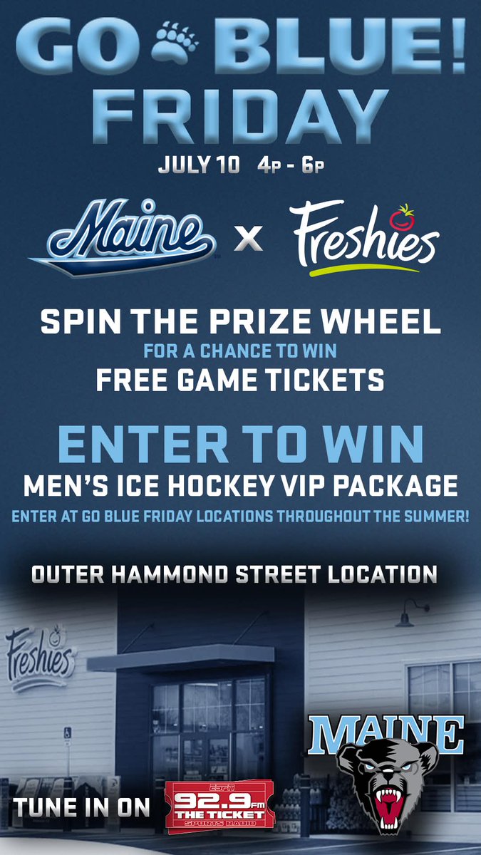 929theticket's tweet photo. Join The Drive &amp; UMaine Athletics this Friday (7/10) from 4-6pm at Freshies on outer Hammond Street in Bangor! 
- Meet &amp; greet opportunities with men's hockey coach Ben Barr &amp; women's basketball coach Amy Vachon.
- Plus the chance to win game tickets + a VIP hockey experience! https://t.co/lz1W6Swa26