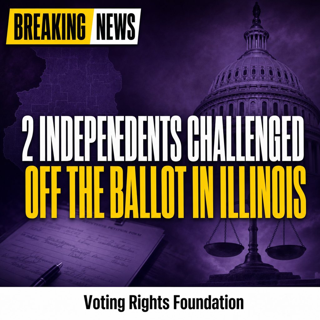TheVotingRights's tweet photo. Two independent candidates in Illinois's 4th U.S. House district face removal from the ballot after signature challenges. A lawyer urged the state elections board to preserve their access. Petition validity rules make independent ballot access significantly harder than for party candidates.