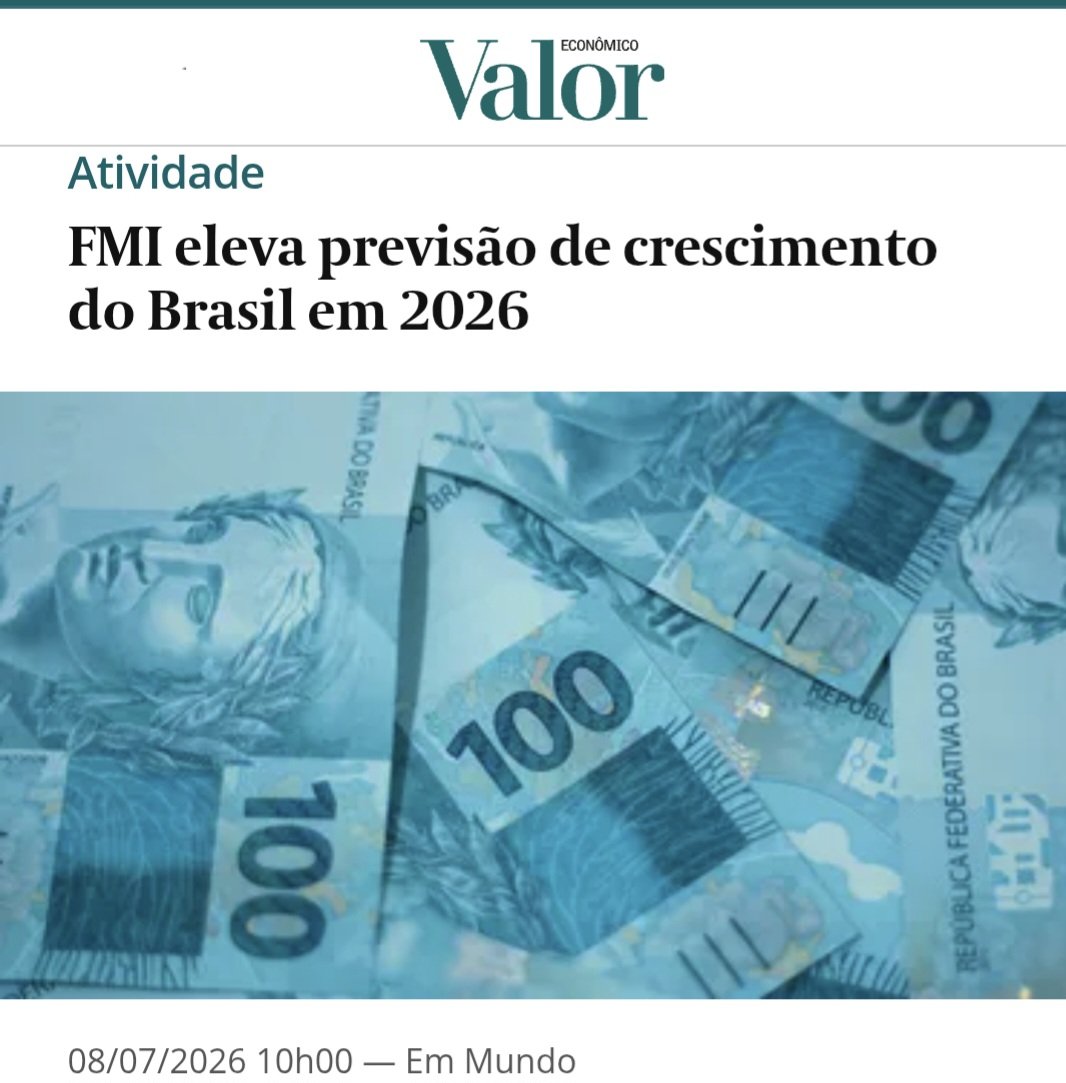 CutNobre's tweet photo. O Brasil se destaca na revisão global feita pelo FMI, que elevou a previsão de crescimento do país de 1,9% para 2,4%. O aumento de 0,5 ponto percentual é um das maiores no relatório publicado nesta quarta-feira (8). Isso apesar dos ataques e tarifaço de Trump, das bizarrices do traidor da Pátria Tariflavio, do boicote da oposição à classe trabalhadora, ao povo bradileiro no Congresso Nacional.
