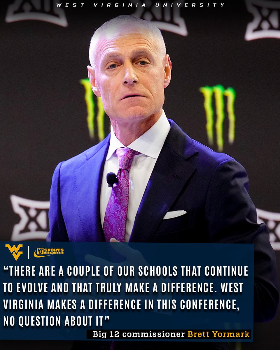 WVSportsDotCom's tweet photo. Big 12 commissioner Brett Yormark believes #WVU is on the rise. He pointed to the program's momentum, passionate fan base and the investments being made under Wren Baker.

Read ▶️ https://t.co/gTgwlWrD9b https://t.co/yZFydFG7iv