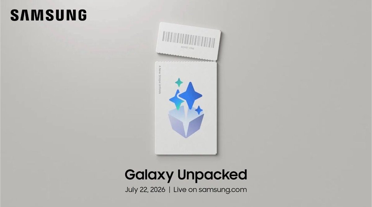 QPBTech's tweet photo. Samsung has announced it will introduce its latest Galaxy smartphones at a July 22 event, including what is believed to be a Galaxy Z Fold 8. | Samsung Galaxy Unpacked Event Set for July 22 With Foldable iPhone Rival Expected to Debut - MacRumors https://t.co/btdGBrR51M https://t.co/ekxn5UO6Ho