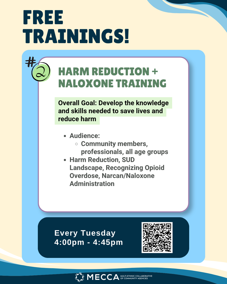 MultiEthnicCCA's tweet photo. MECCA is offering free virtual trainings on substance use education, harm reduction + naloxone, and workplace wellness.
Learn more and register here: https://t.co/DoyYLyIHkm
#ocmecca #SubstanceUsePrevention #HarmReduction #NaloxoneTraining #WorkplaceWellness https://t.co/L4RHdDQIQz