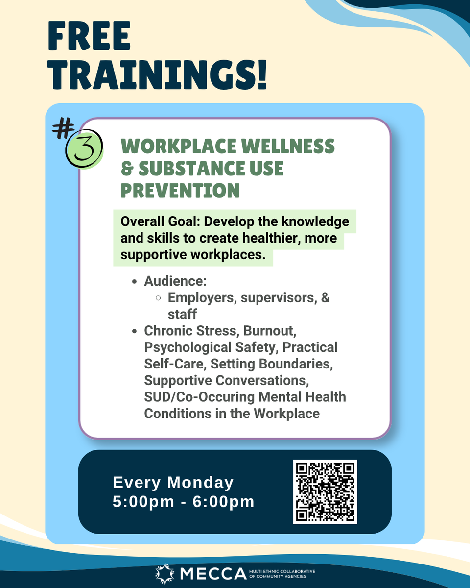MultiEthnicCCA's tweet photo. MECCA is offering free virtual trainings on substance use education, harm reduction + naloxone, and workplace wellness.
Learn more and register here: https://t.co/DoyYLyIHkm
#ocmecca #SubstanceUsePrevention #HarmReduction #NaloxoneTraining #WorkplaceWellness https://t.co/L4RHdDQIQz