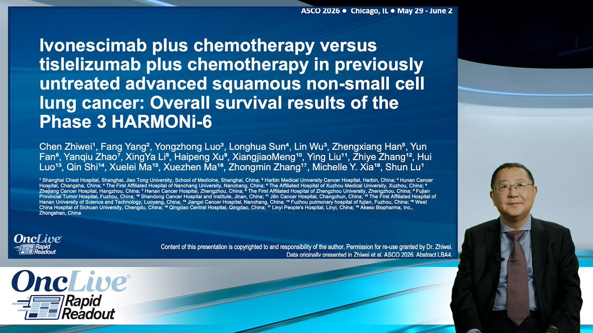 OncLive's tweet photo. Phase 3 HARMONi-6 OS data are in: ivonescimab + chemo delivered a meaningful survival advantage over tislelizumab + chemo in previously untreated advanced squamous NSCLC, with a manageable safety profile. Shun Lu, MD, PhD reports the findings.

Watch the full OncLive® Rapid Readout: https://t.co/imSJM0SWDo

#NSCLC #LungCancer #Ivonescimab