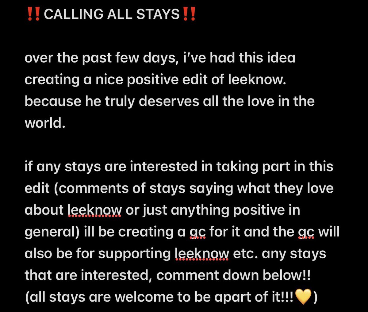 adoresleebit's tweet photo. ‼️CALLING ALL STAYS‼️

like and repost to spread the word!!!!
(everyone is welcome!!!) https://t.co/a5KN0Agvpb
