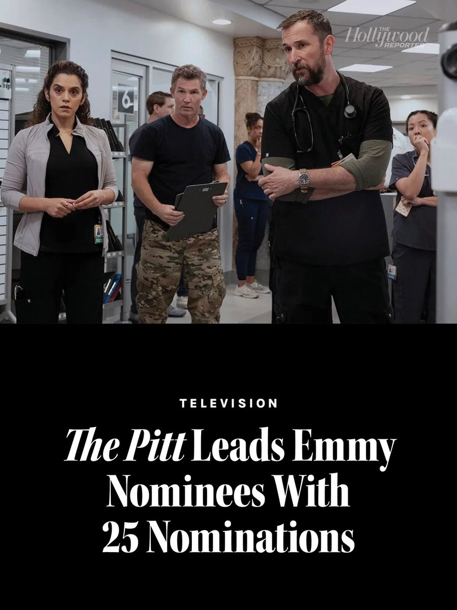 THR's tweet photo. #ThePitt leads all #Emmy nominees with a total of 25 nominations, followed by Hacks with 24 (a record for a comedy series for noms in a single year) and Widow’s Bay with 19 (leading all new shows).

Full list of nominees: https://t.co/00TUXCHQt2 https://t.co/KX3KlUCKnL