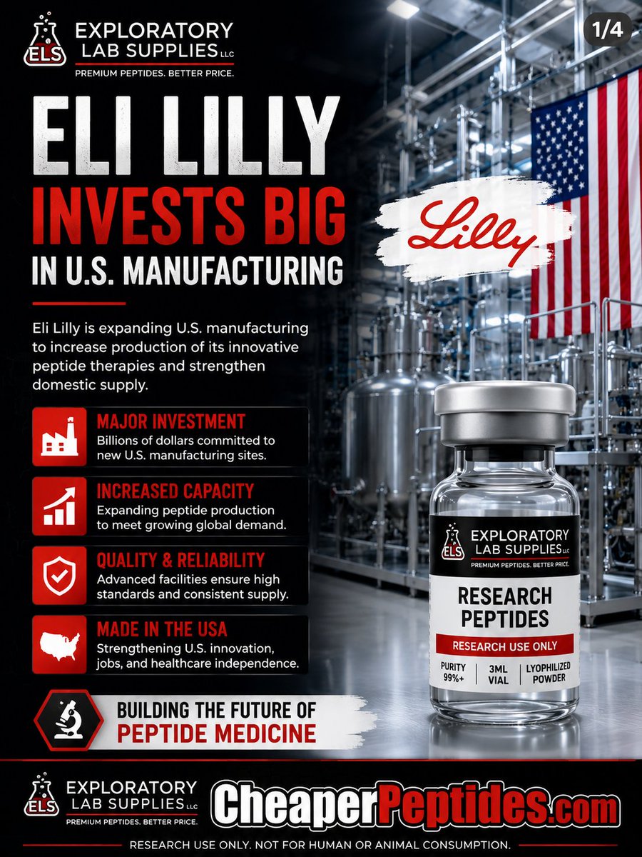 CheaperPeptides's tweet photo. 🚨 Why Big Pharma Is Spending BILLIONS to Manufacture Peptides 🧬💰
🌐 https://t.co/7VQWYmLorv 👇👇👇
🔥Billions of dollars are being invested into peptide manufacturing, GLP-1 production, and biotechnology infrastructure as pharmaceutical companies prepare for the future of peptide science. 🚨Source: Eli Lilly manufacturing announcements and ongoing capacity expansion updates:
https://t.co/eFcyKp5Dp8
Growing manufacturing capacity reflects increasing interest in metabolic research, drug discovery, laboratory innovation, analytical testing, and peptide development. This investment highlights the rapid expansion of the peptide industry but does not indicate FDA approval of investigational peptides. Follow Exploratory Lab Supplies LLC for trusted peptide research news, biotechnology insights, and educational content.
#PeptideResearch #PeptideManufacturing #GLP1 #Biotechnology #DrugDiscovery #LifeSciences #BiotechNews #LaboratoryResearch #ScientificResearch #ResearchUseOnly #PharmaceuticalIndustry #MetabolicResearch #ExploratoryLabSupplies #CheaperPeptides

Fitness products, transcend peptides, peps, pepper, peppers, 🌶, what is compound peptides, fitness brand, supplements, are GLP-1 peptides legal, What Does FDA Exempt Mean for Supplements and Peptides, cheap supplements, peptide planet, ai demand growth, fitness clothing women, collagen for skin,  find related content, peptide tablet PeptideResearch PeptideManufacturing GLP1 #Biotechnology DrugDiscovery LifeSciences BiotechNews LaboratoryResearch ScientificResearch ResearchUseOnly PharmaceuticalIndustry MetabolicResearch ExploratoryLabSupplies CheaperPeptides
