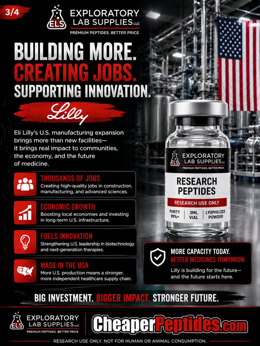 CheaperPeptides's tweet photo. 🚨 Why Big Pharma Is Spending BILLIONS to Manufacture Peptides 🧬💰
🌐 https://t.co/7VQWYmLorv 👇👇👇
🔥Billions of dollars are being invested into peptide manufacturing, GLP-1 production, and biotechnology infrastructure as pharmaceutical companies prepare for the future of peptide science. 🚨Source: Eli Lilly manufacturing announcements and ongoing capacity expansion updates:
https://t.co/eFcyKp5Dp8
Growing manufacturing capacity reflects increasing interest in metabolic research, drug discovery, laboratory innovation, analytical testing, and peptide development. This investment highlights the rapid expansion of the peptide industry but does not indicate FDA approval of investigational peptides. Follow Exploratory Lab Supplies LLC for trusted peptide research news, biotechnology insights, and educational content.
#PeptideResearch #PeptideManufacturing #GLP1 #Biotechnology #DrugDiscovery #LifeSciences #BiotechNews #LaboratoryResearch #ScientificResearch #ResearchUseOnly #PharmaceuticalIndustry #MetabolicResearch #ExploratoryLabSupplies #CheaperPeptides

Fitness products, transcend peptides, peps, pepper, peppers, 🌶, what is compound peptides, fitness brand, supplements, are GLP-1 peptides legal, What Does FDA Exempt Mean for Supplements and Peptides, cheap supplements, peptide planet, ai demand growth, fitness clothing women, collagen for skin,  find related content, peptide tablet PeptideResearch PeptideManufacturing GLP1 #Biotechnology DrugDiscovery LifeSciences BiotechNews LaboratoryResearch ScientificResearch ResearchUseOnly PharmaceuticalIndustry MetabolicResearch ExploratoryLabSupplies CheaperPeptides