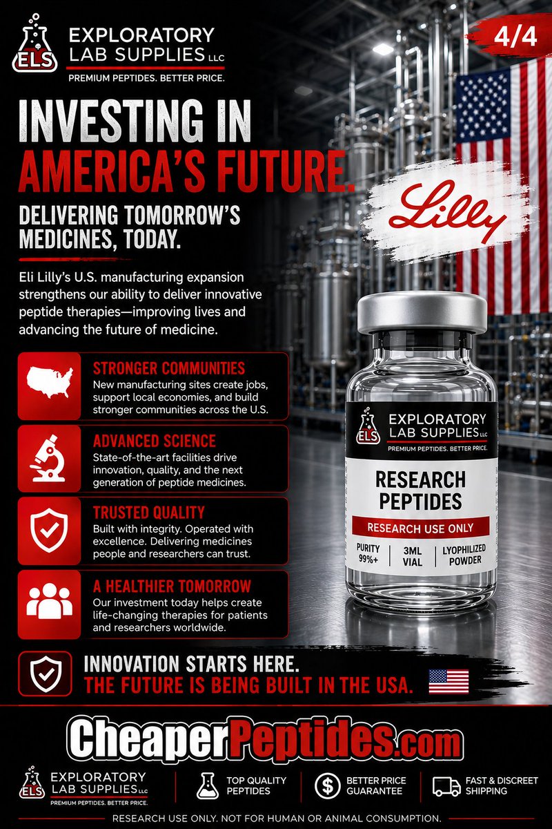 CheaperPeptides's tweet photo. 🚨 Why Big Pharma Is Spending BILLIONS to Manufacture Peptides 🧬💰
🌐 https://t.co/7VQWYmLorv 👇👇👇
🔥Billions of dollars are being invested into peptide manufacturing, GLP-1 production, and biotechnology infrastructure as pharmaceutical companies prepare for the future of peptide science. 🚨Source: Eli Lilly manufacturing announcements and ongoing capacity expansion updates:
https://t.co/eFcyKp5Dp8
Growing manufacturing capacity reflects increasing interest in metabolic research, drug discovery, laboratory innovation, analytical testing, and peptide development. This investment highlights the rapid expansion of the peptide industry but does not indicate FDA approval of investigational peptides. Follow Exploratory Lab Supplies LLC for trusted peptide research news, biotechnology insights, and educational content.
#PeptideResearch #PeptideManufacturing #GLP1 #Biotechnology #DrugDiscovery #LifeSciences #BiotechNews #LaboratoryResearch #ScientificResearch #ResearchUseOnly #PharmaceuticalIndustry #MetabolicResearch #ExploratoryLabSupplies #CheaperPeptides

Fitness products, transcend peptides, peps, pepper, peppers, 🌶, what is compound peptides, fitness brand, supplements, are GLP-1 peptides legal, What Does FDA Exempt Mean for Supplements and Peptides, cheap supplements, peptide planet, ai demand growth, fitness clothing women, collagen for skin,  find related content, peptide tablet PeptideResearch PeptideManufacturing GLP1 #Biotechnology DrugDiscovery LifeSciences BiotechNews LaboratoryResearch ScientificResearch ResearchUseOnly PharmaceuticalIndustry MetabolicResearch ExploratoryLabSupplies CheaperPeptides