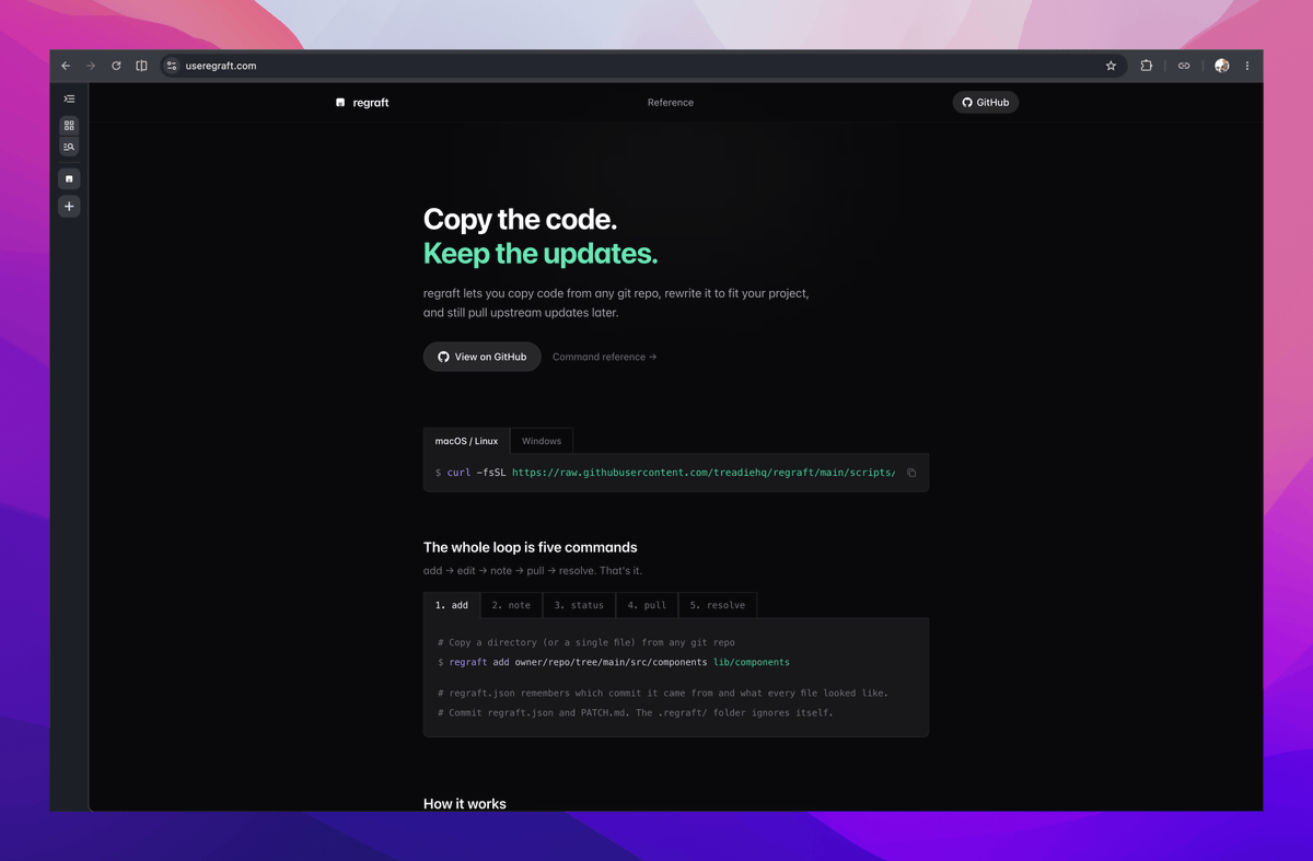 dantelex's tweet photo. I built `regraft` for code that should stay close to upstream without pretending to be a package manager.

It uses your existing git auth, works with private repos, supports PR heads, and writes files you can commit.

Install:

curl -fsSL https://t.co/T0Pb4tIN2D | bash https://t.co/zZbUuOTavw