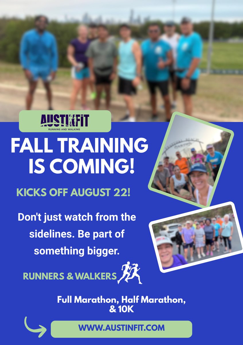 RunAustinFit's tweet photo. Fall Training begins August 22, and whether your goal is to complete your first 5K, conquer a 10K, finish a half marathon, marathon, or simply enjoy walking with an incredible community, we'll help you get there.

Register today at: https://t.co/Ybwr9KNwRS https://t.co/SVALgWxrrR