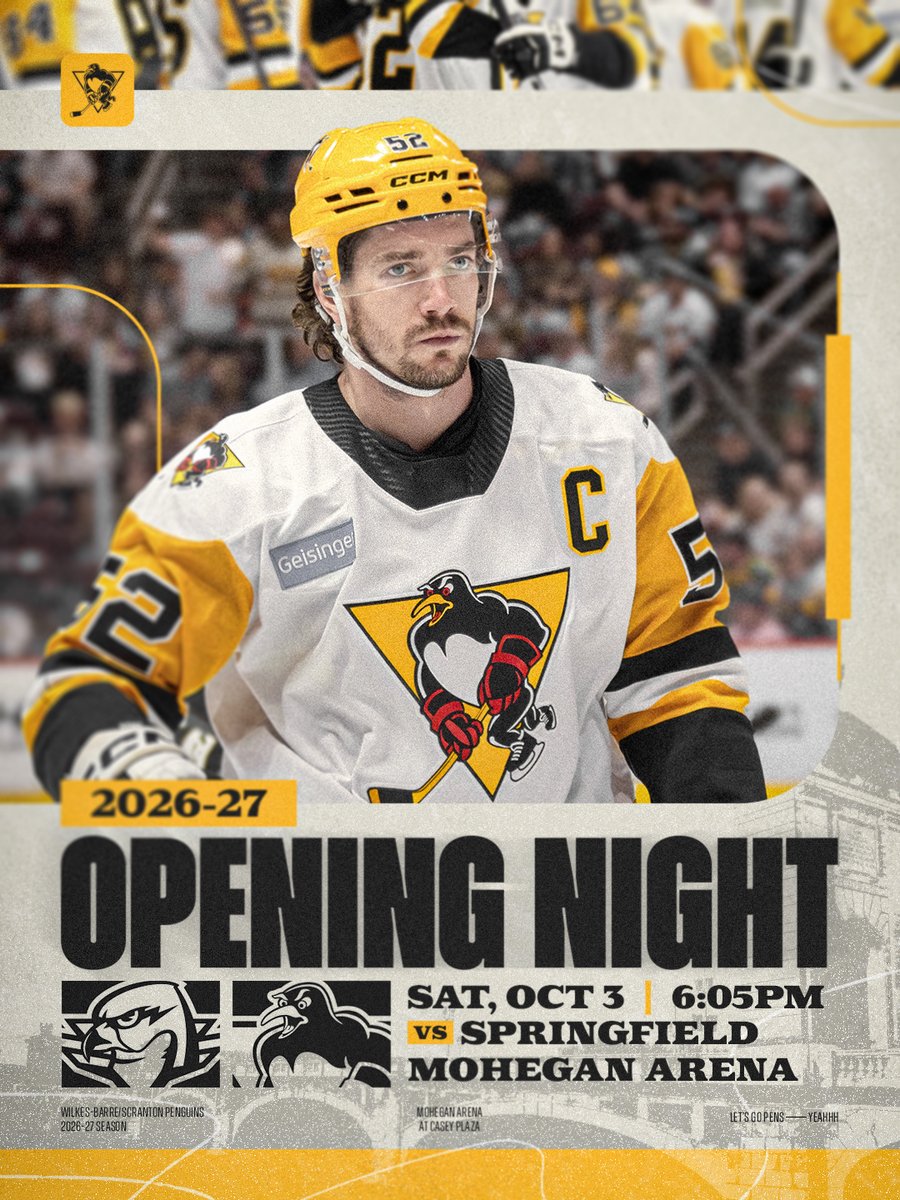 WBSPenguins's tweet photo. The Penguins will host their home opener to the 2026-27 season on Saturday, Oct. 3 against the Springfield Thunderbirds.

See you there. 🖊️🗓️
https://t.co/v2cBEoYQdR https://t.co/25W9NWmEIz