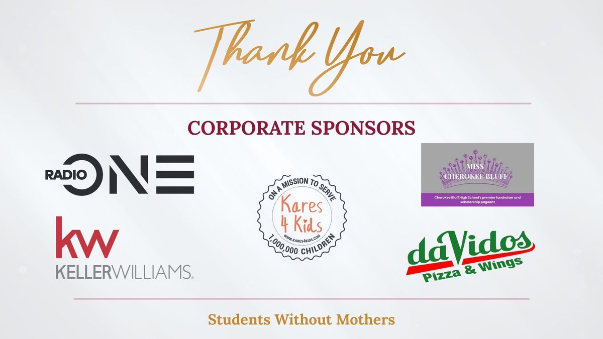 SWMScholarships's tweet photo. We’re honored to be supported by sponsors who believe in our mission and our students. Thank you for your continued generosity and partnership!

#StudentSupport #StudentsWithoutMothers #CherokeeBluffHighSchool #RadioOne #Davidos #Kares4Kids #KellerWilliams #WomenOfATT https://t.co/h7S02ZFdL6