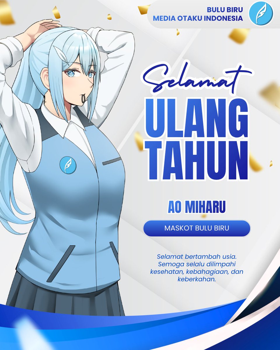 BuluBiru_ID's tweet photo. Ao Miharu mengucapkan selamat ulang tahun Bulu Biru Media yang pertama. Udah kayak pejabat belum? Hehe, toh, Miharu juga ultahnya barengan.

PS: Pengumuman pemenang lomba fanart bakal diumumin sore ini sekitaran jam 3 sore. Stay tune ya! https://t.co/nOWSY7x8gb