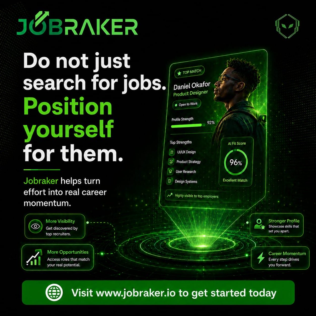 Jobraker1's tweet photo. Stop chasing every job.

Position yourself so the right opportunities find you.

That’s what Jobraker is built for. 💚

#Jobraker #AI #Careers #JobSearch https://t.co/oiHHgRy7Bc