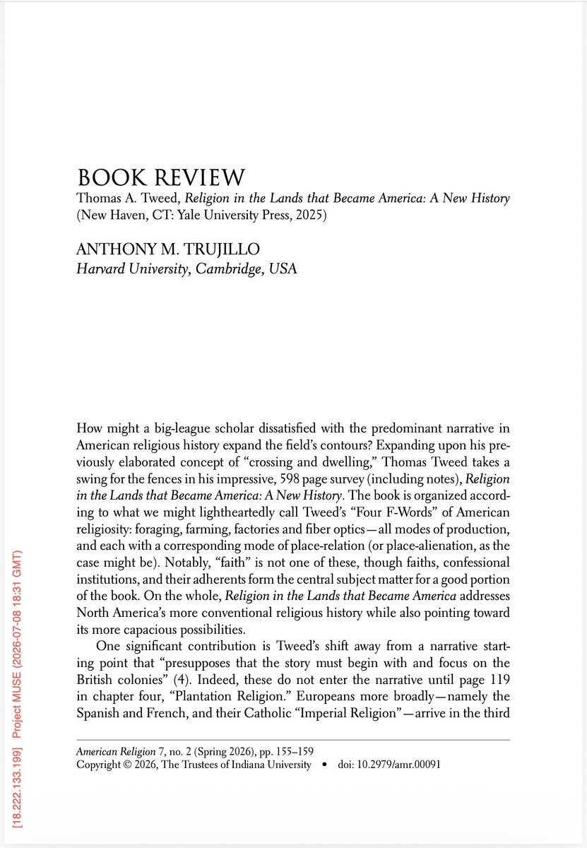 AmRelJournal's tweet photo. - Seth Perry on _Joseph Smith_ by John Turner https://t.co/6VGGL9YYk1
- Anthony M. Trujillo on _Religion in the Lands that Became America_ by Thomas A. Tweed https://t.co/OrM6zGz9NW https://t.co/M5FF1DQdz1