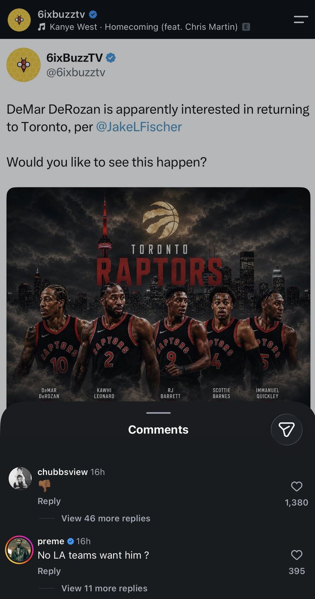NightOwlsHQx's tweet photo. Chubbs and Preme comment on a 6ixBuzzTV post about DeMar DeRozan potentially returning to the Toronto Raptors.

“ 👎🏾” 
“No LA teams want him?” https://t.co/9fTGplwTlj
