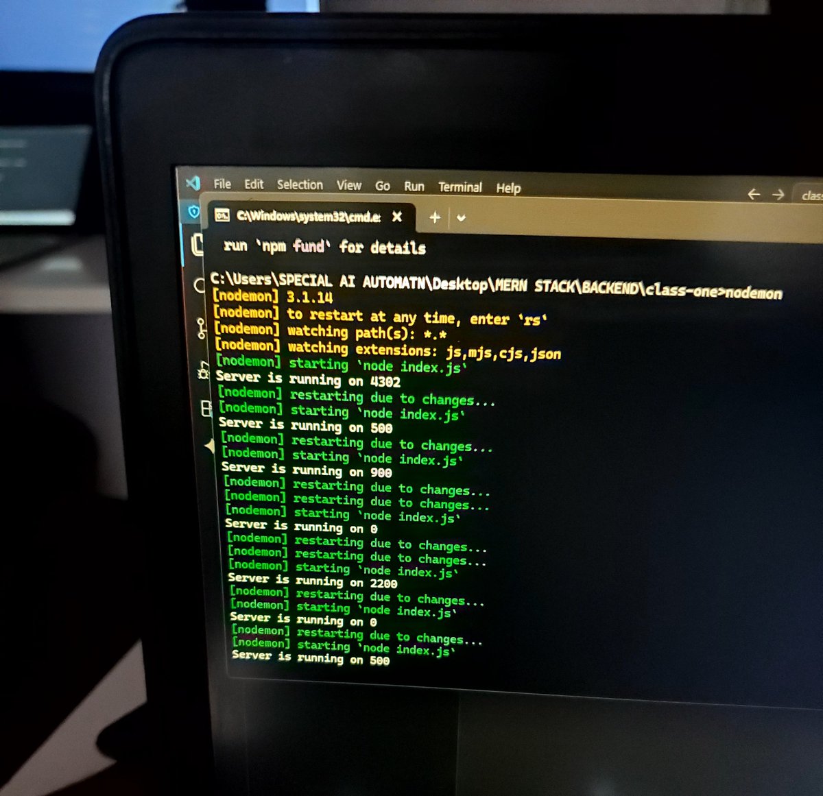 specrpt's tweet photo. Started backend today: Node.js, npm init, nodemon for auto-restart on port changes, and Express.js. Small commands, but they're the building blocks of an actual server.
#SQICollegeOfICT #SQI @sqicict https://t.co/MUw66yF3i3