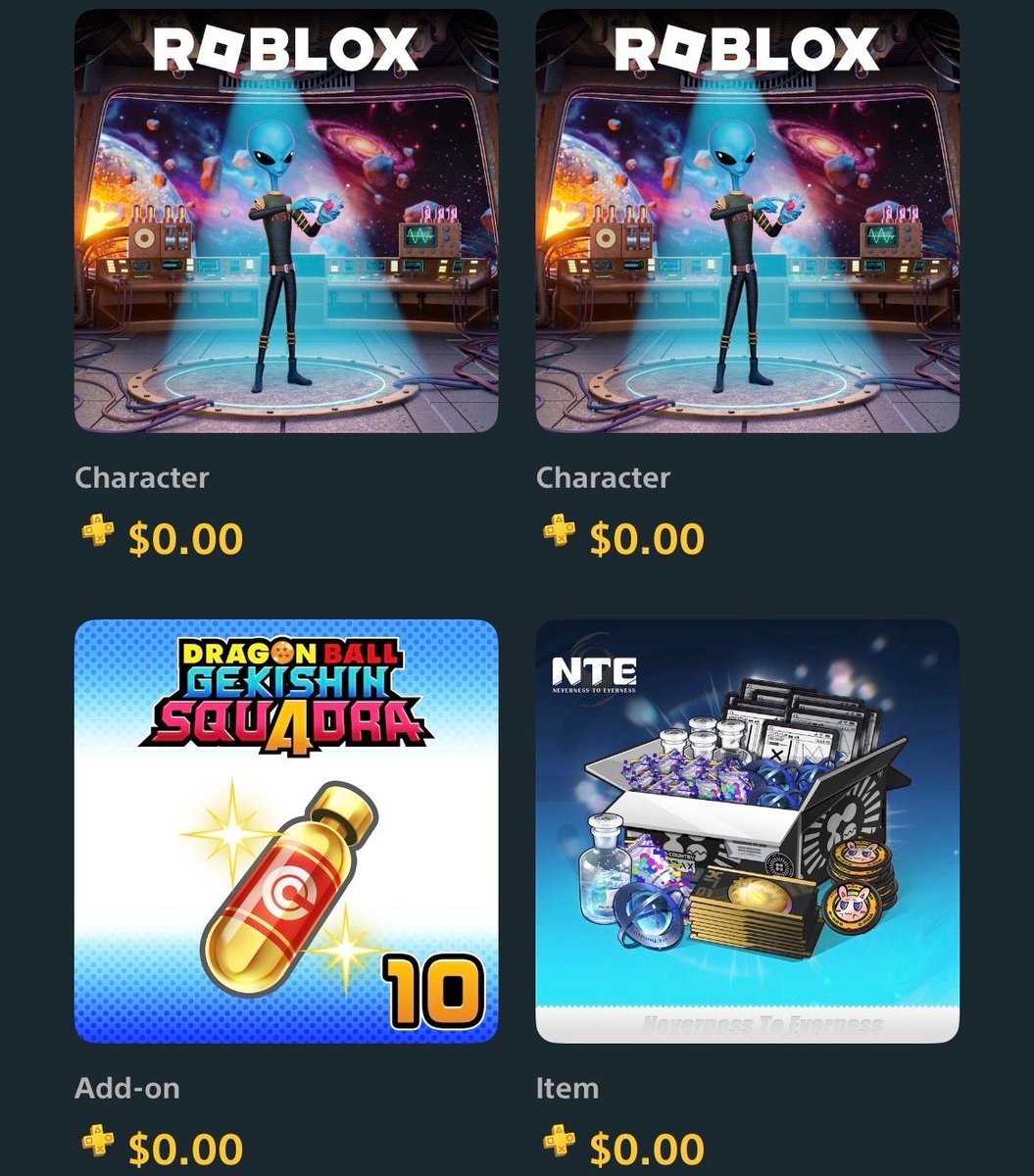 FreeOnPS's tweet photo. Multiple: Roblox, Dragon Ball Gekishin Squadra, NTE, Super Animal Royale, World of Tanks Modern Armor, Stumble Guys, Naraka: Bladepoint, and Path of Exile - July 2026 packs [PS Plus DLC] https://t.co/bDDjNzKco5
