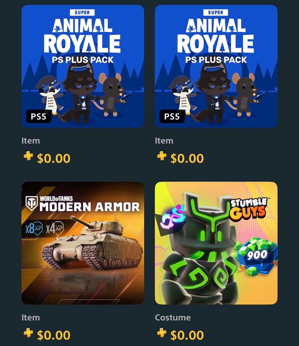 FreeOnPS's tweet photo. Multiple: Roblox, Dragon Ball Gekishin Squadra, NTE, Super Animal Royale, World of Tanks Modern Armor, Stumble Guys, Naraka: Bladepoint, and Path of Exile - July 2026 packs [PS Plus DLC] https://t.co/bDDjNzKco5